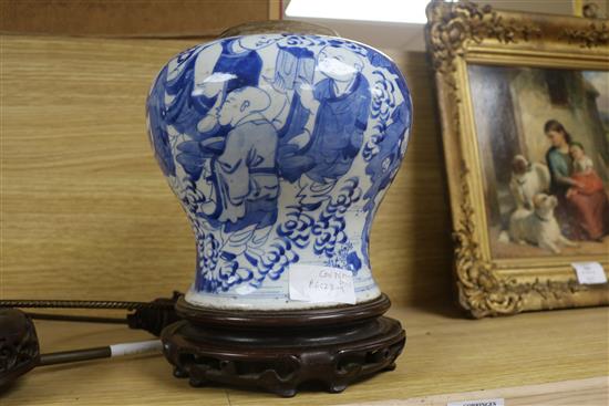 An 18th century Chinese blue and white boys jar, height 27cm incl. base